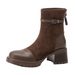 High Heel Thick Sole Short Boots For Women 2025 New Style Chunky Heel Women's Boots Melad Coffee Color Patchwork Mid-Calf Slim Boo_vogvips.com
