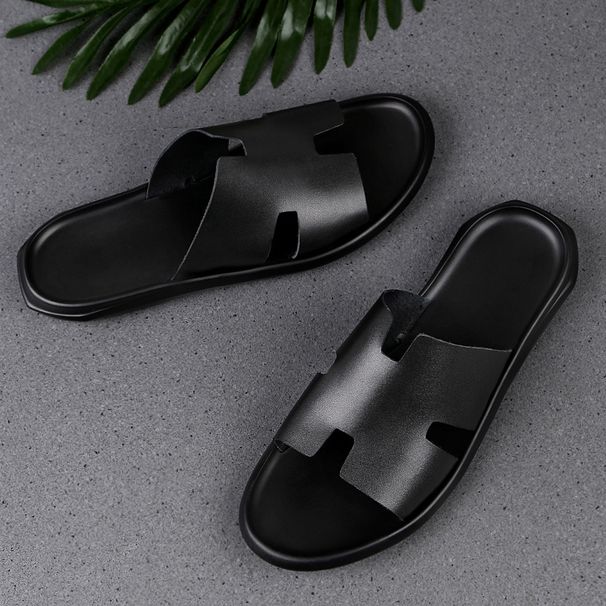 Men's Slip-on Open Toe Flat Flat Dock Layer Cowhide Beach Shoes Summer Slippers Jaadu_vogvips.com