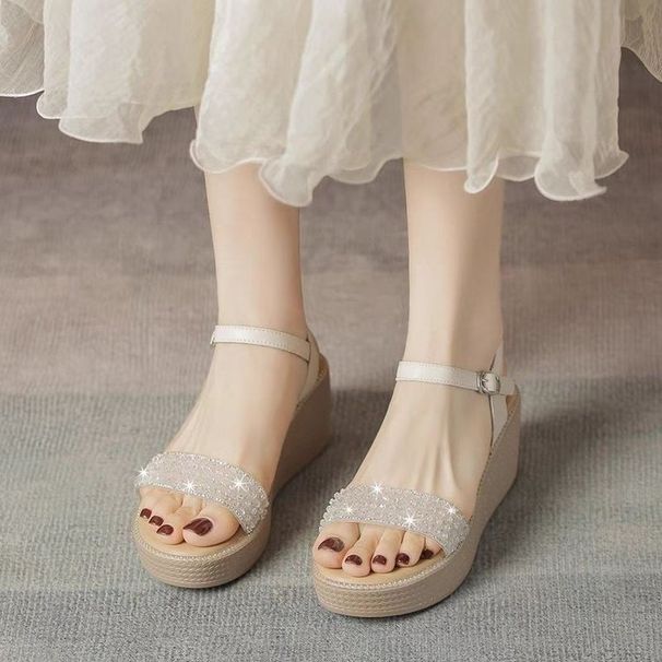 Korean-style Wedge Heel With Rhinestone Straps, Versatile Petite Women, 2026 Summer New Beach Sandals For Women_vogvips.com