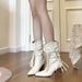 Chunky Heel Ankle Boots Fringe-Trimmed Lace-Up Pointed-Toe High Heels_vogvips.com