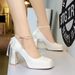 9982-H79TP Korean Version Square Toe Thick Heel Waterproof Platform High-heeled Shoes With Pearl Ribbon And Butterfly_vogvips.com