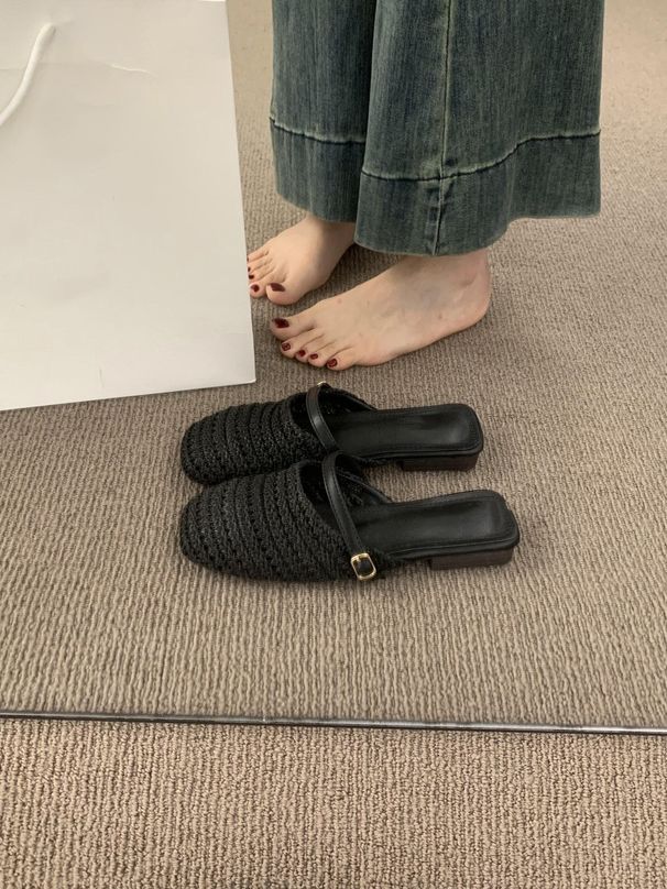 Breathable Woven Closed-Toe Half Slippers For Women, Summer Outdoor Wear, Comfortable Flat Slip-On Lazy Sandals_vogvips.com