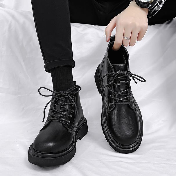 European Warm Series Martin Autumn High-top British Style Black Work Boots Men's Mid-top Leather Motorcycle Trendy Shoes_vogvips.com