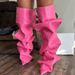 Women's Shoes High Heel Pointed Metal Rivet Denim Splicing Two Wear Pile Knee High Boots Large Size Women's Shoes_vogvips.com