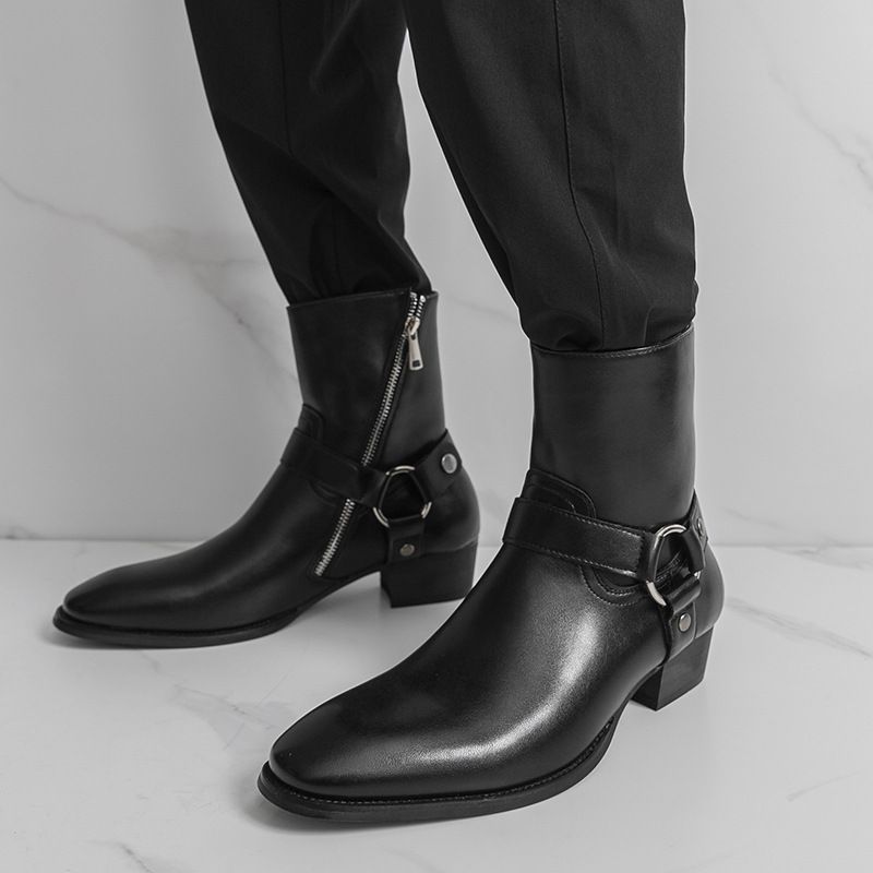 Men's Leather New Cross-border Chelsea Pointed-toe European And American Style Unique Buckle Martin Boots, Men's Trendy_vogvips.com