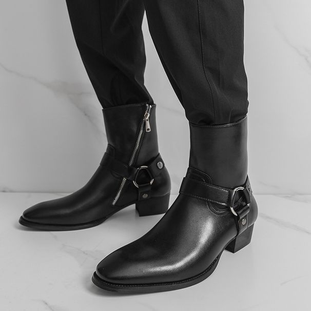 Men's Leather New Cross-border Chelsea Pointed-toe European And American Style Unique Buckle Martin Boots, Men's Trendy_vogvips.com