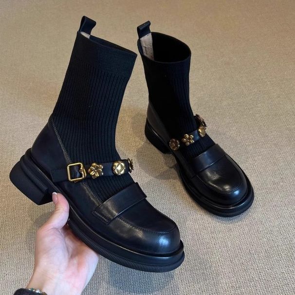 Britih Thick-Soled Chunky Mid-Heel Short For Women 2024 New Style Outdoor Round-Toe Patchwork Sock Loafer Stretch_vogvips.com