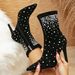 Elegant Pointed Toe Stiletto Boots For Women - Stretch Suede Mid-Calf Boots With Rhinestone Detail - Black High Heel Fashion Boots_vogvips.com