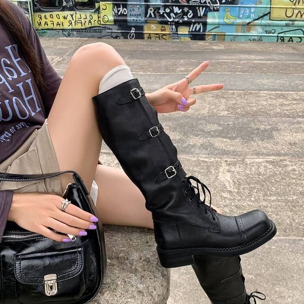 2026 New Lace-up New Metal Buckle British Style Amiu High Tube Riding Brown Long Boots For Women_vogvips.com