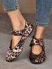 Women Multi‑Pattern Buckle Strap Mary Jane Flat Shoes, Square Toe Faux Leather Leopard Print Closed‑Toe Ballerinas, Soft Lightweight Flat Footwear_vogvips.com