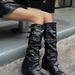Women's Punk Style Western Cowboy Boots Stacked Knee High Riding Boots Pointed Toe Two-Way Belt Buckle Boots With Anti-Slip Sole_vogvips.com