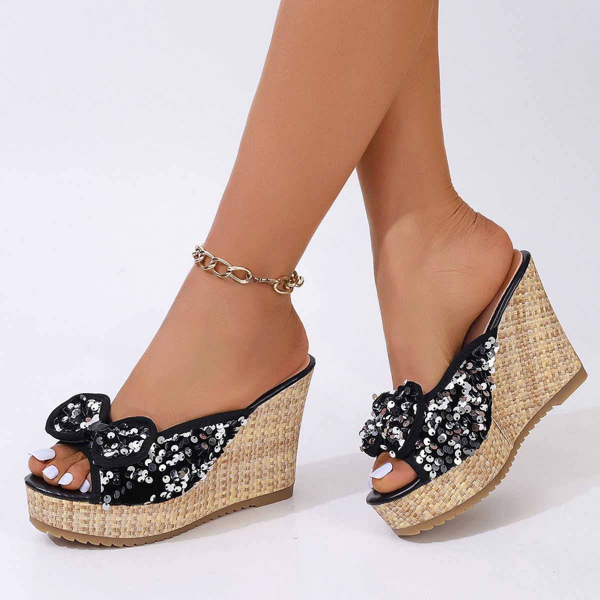 Women’s Shoes New Wedge Heel Ladies Sandals Women's Thick Bottom High Heel Flip Flops Outdoor Sequin Beach Women's Slippers_vogvips.com