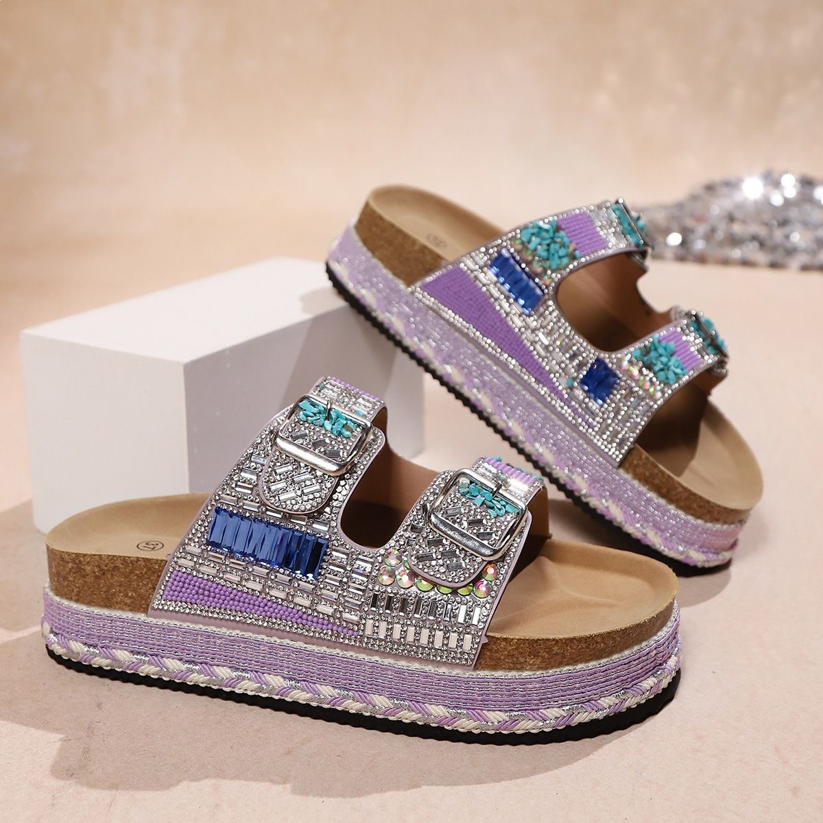 Summer 2026 Thick Bottom Rope Sandals Women's Large Size Clog Wooden Sole Beach Slippers Double Buckle Diamond Detail_vogvips.com