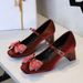 6295-H99 Women's Chunky Mid-Heel Mary Jane Shoes With Rhinestone Bow, Versatile Satin Strap, Square Toe_vogvips.com