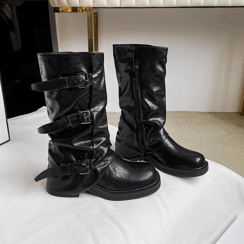 Women's Autumn Winter 2024 New Retro Western Cowboy Mid-Calf Wasteland Style Belt Buckle Slouch Boots_vogvips.com