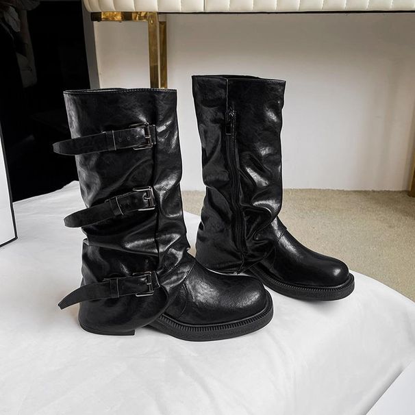Women's Autumn Winter 2024 New Retro Western Cowboy Mid-Calf Wasteland Style Belt Buckle Slouch Boots_vogvips.com