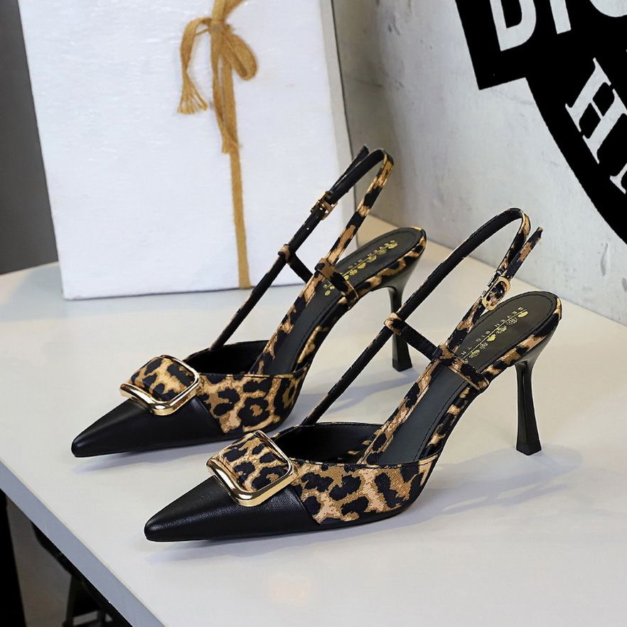 Women's Shoes Banquet Satin Leopard Print Belt Buckle Pointed Toe High Heels With Open Back And Strappy Stiletto Heels For Women_vogvips.com