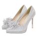 968-A6 New French Pointed Women's High Heel Waterproof Platform Shining Pearl Flower Wedding Shoes Shallow Mouth Not_vogvips.com