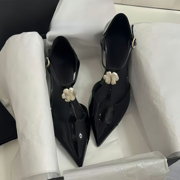 Sheepskin Version Xiaoxiangfeng Camellia Leather Mary Jane Single Women S Wedges Pointed Shoes High Heels Sandals_vogvips.com