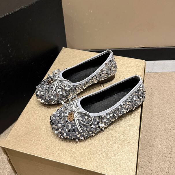 French Retro Silver Bow Fairy Shoes Square Head Flat Bottom Soft Sole Sequined Single Shoes Female_vogvips.com