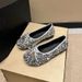 French Retro Silver Bow Fairy Shoes Square Head Flat Bottom Soft Sole Sequined Single Shoes Female_vogvips.com
