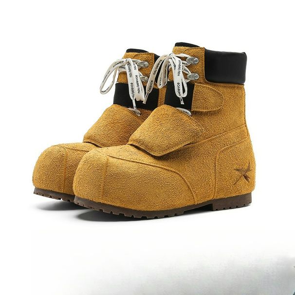 2025 Autumn And Winter New Big Head Shoes Thick Snow Boots Medium Tube Small Fat Ding Ski Boots Couple Height Increase Martin Boots Tide_vogvips.com