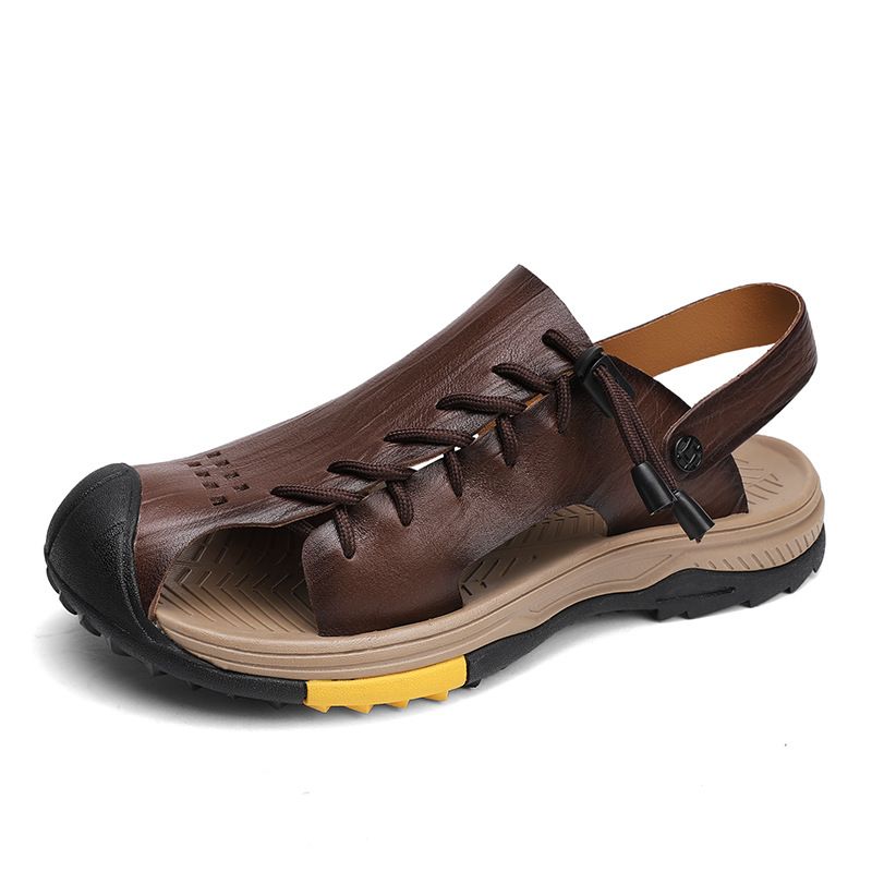 Men's Beach Shoes Summer Hollow Breathable Leather Sandals Men Outdoor Dual-Wear Non-Slip Slippers Large Size_vogvips.com