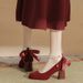 Women's Autumn New Square-Toe Bridal Shoes - Red Suede Mary Jane Pumps With Bow & Pearl Accents (Low Block Heel)_vogvips.com