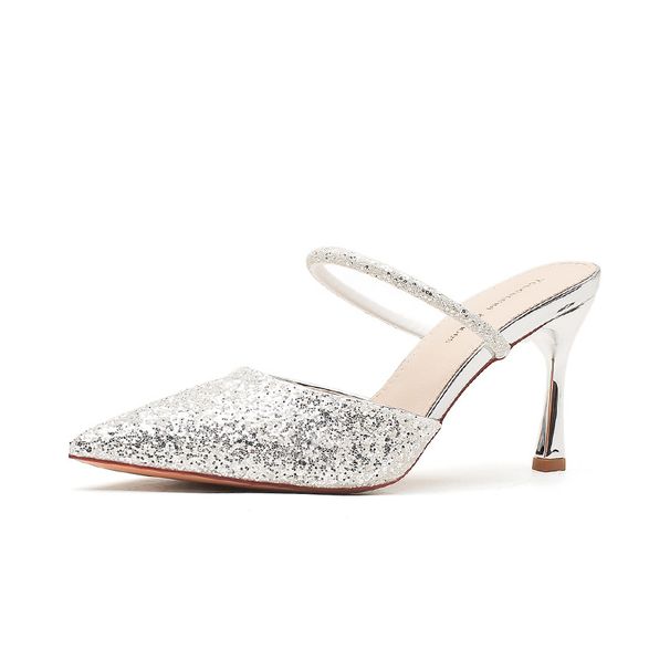 Qianluhui: Sequined Pointed-toe Mules That Can Be Worn Daily, A Stiletto Heel, Suitable Pairing With Evening Dresses And_vogvips.com