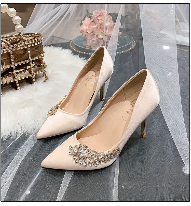 Champagne Burgundy Crystal Embellished High Heel Wedding Shoes For Women New Style Bridesmaid Xiuhe Shoes_vogvips.com