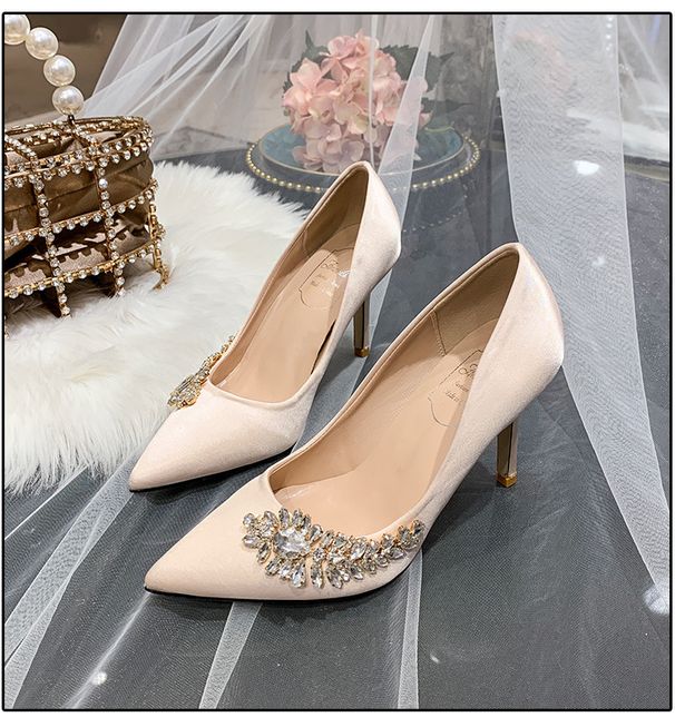 Champagne Burgundy Crystal Embellished High Heel Wedding Shoes For Women New Style Bridesmaid Xiuhe Shoes_vogvips.com