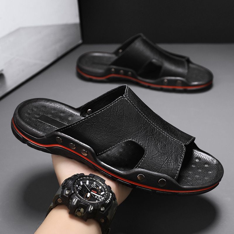 Men's Summer Trendy Slip And Anti Odor Slippers, Men's Cool Slippers Made Of Genuine Leather, Worn In A Straight Line_vogvips.com