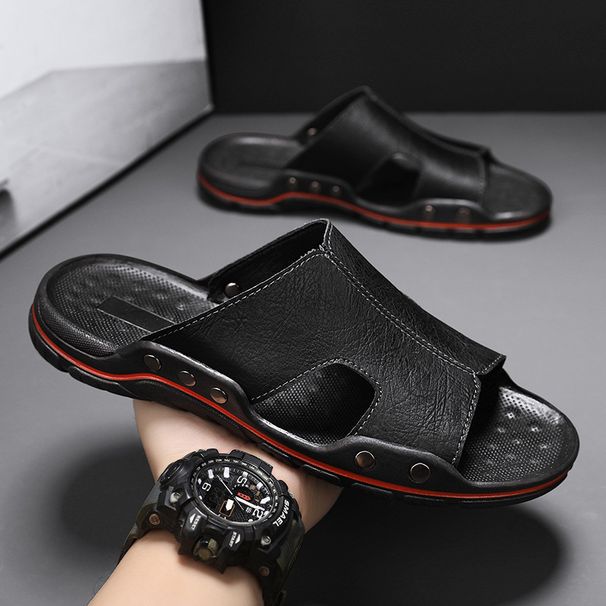 Men's Summer Trendy Slip And Anti Odor Slippers, Men's Cool Slippers Made Of Genuine Leather, Worn In A Straight Line_vogvips.com