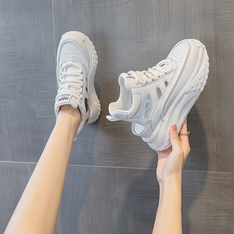 Leather Hollow Dad Shoes Women's Lightweight Inner Height Increase Casual Sports Shoes Platform Sandals_vogvips.com