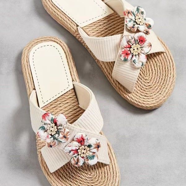 Women's Shoes New Summer One Line Women's Slippers Rope Bottom Solid Color Fashion Trend Indoor And Outdoor Six Small Flower Slippers_vogvips.com