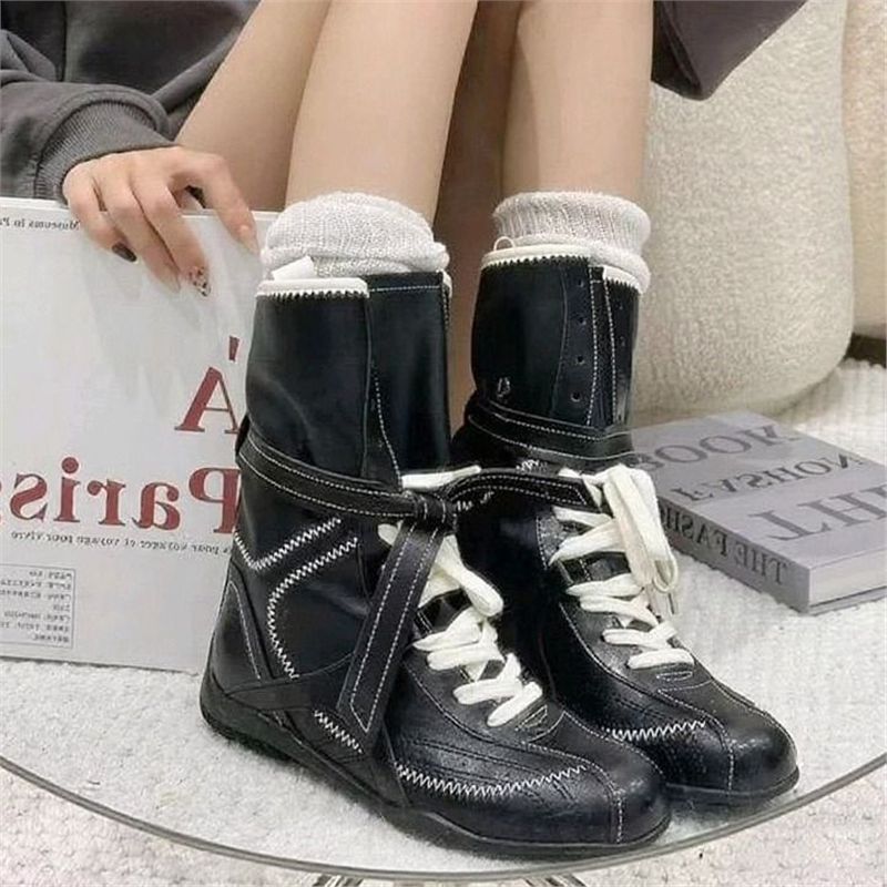 Women's Soft Leather Retro Lace-Up Ankle Boots With Low Block Heel For Autumn Winter Spring Mid Calf Motorcycle Boots, Martin Ankle Boots_vogvips.com