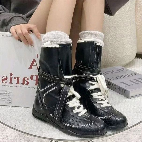 Women's Soft Leather Retro Lace-Up Ankle Boots With Low Block Heel For Autumn Winter Spring Mid Calf Motorcycle Boots, Martin Ankle Boots_vogvips.com