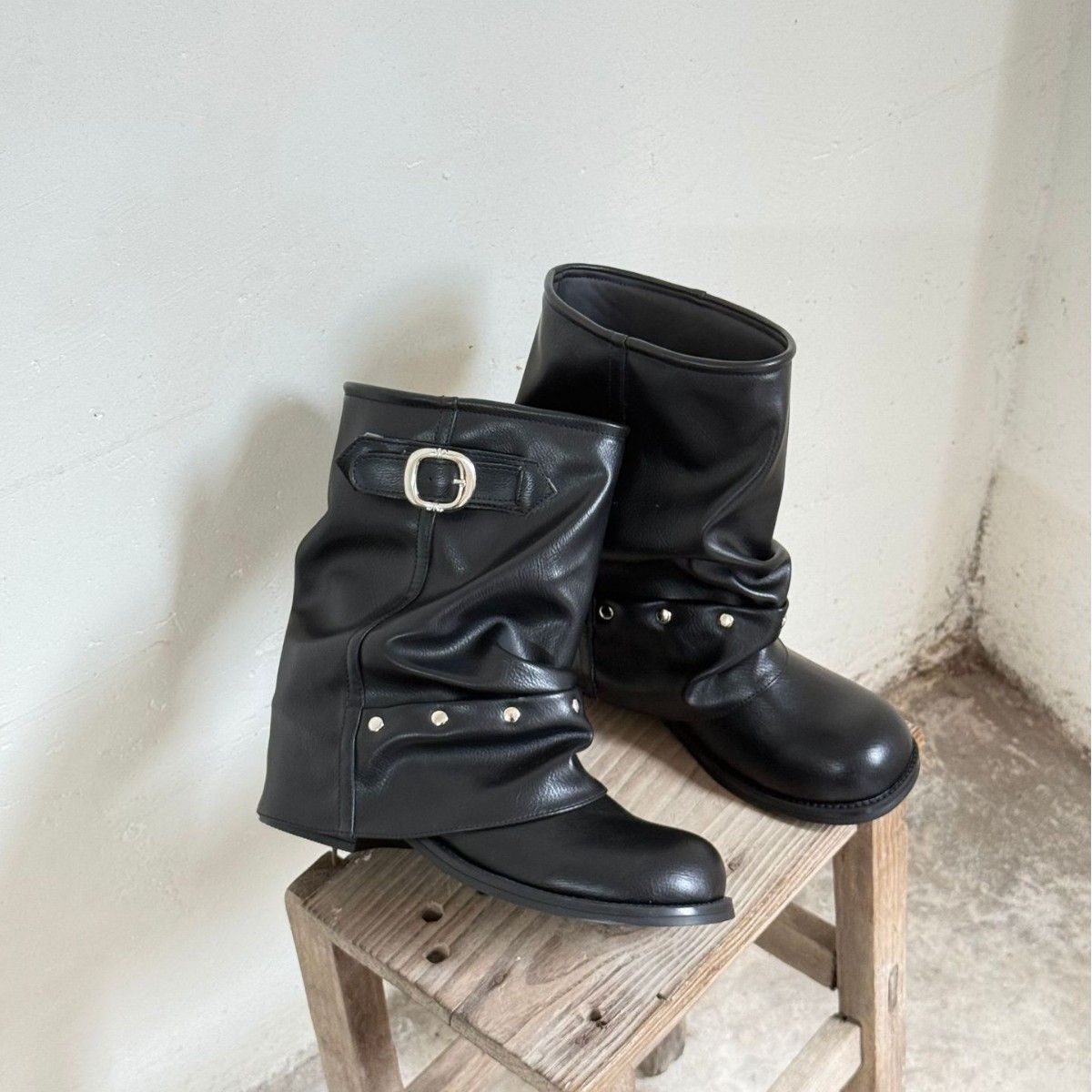 Studded Pleated Slouch 25 Autumn Winter New Western Cowboy Short Tube Belt Buckle Cuff Boots_vogvips.com