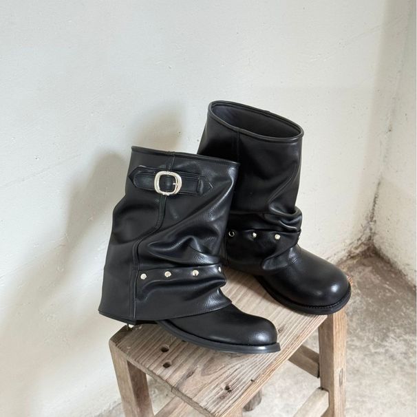 Studded Pleated Slouch 25 Autumn Winter New Western Cowboy Short Tube Belt Buckle Cuff Boots_vogvips.com