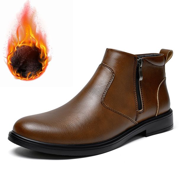 Chelsea Boots Men's Pointed High-Top Leather Shoes Hairstylist Martin Boots Zip-In Fleece Casual Men's Boots_vogvips.com