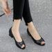 Soft Leather Sandals Women Wear Soft-soled Single Shoes Fish Mouth Hollow Middle Heel Shoes Thick Heel Women's Leather Shoes_vogvips.com