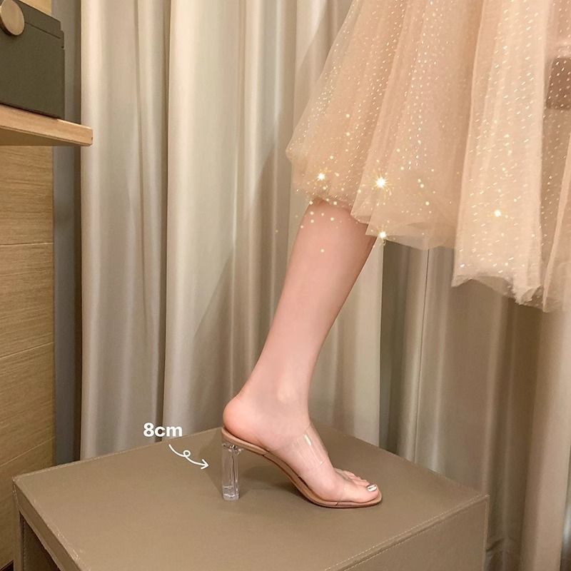 Women's Transparent Crystal Heel Mules - 3" Chunky Block Heel & Square Toe (Beach & Casual Summer Sandals)_vogvips.com
