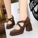 9613-8 Style Women's Shoes With High Thick Heels, Waterproof Platform, Shallow Mouth, Square Head, Belt Buckle, Suede_vogvips.com