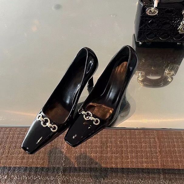 Heels For Women 2022 Autumn Winter New Niche Design Square Toe High Heel Metal Buckle Patent Leather Single Shoes_vogvips.com