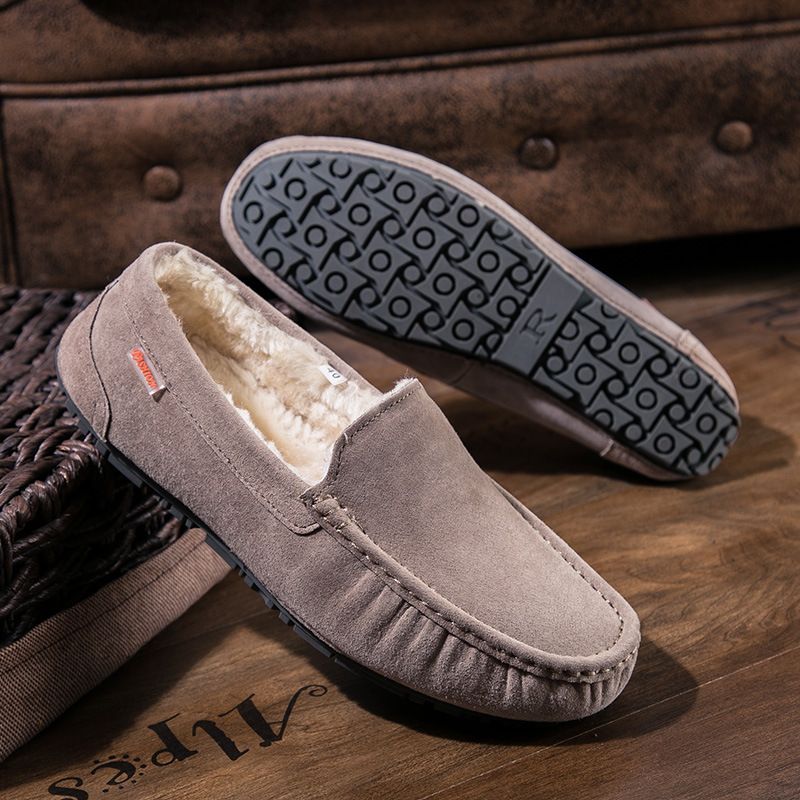 501-3 Winter Men's Bean Shoes Cotton Shoes Driving Shoes Low-top Mid-mouth Flip-on Warm Flat Casual Leather Shoes with Velvet_vogvips.com