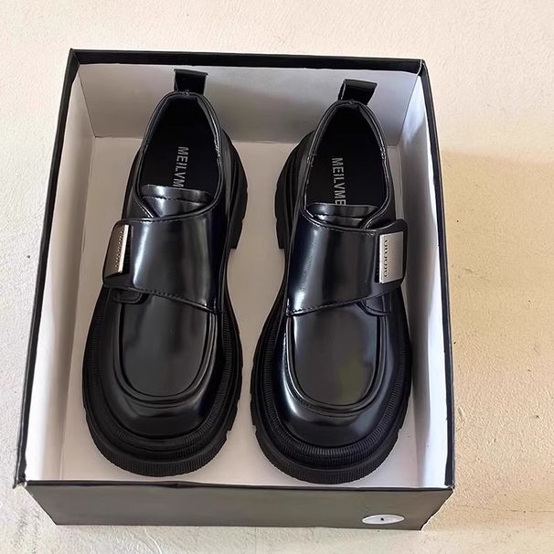 Brown Small Leather For Women S Spring Velcro Thick Soled Loafers Sponge Cake Round Mary Jane Big Toe JK Shoes_vogvips.com