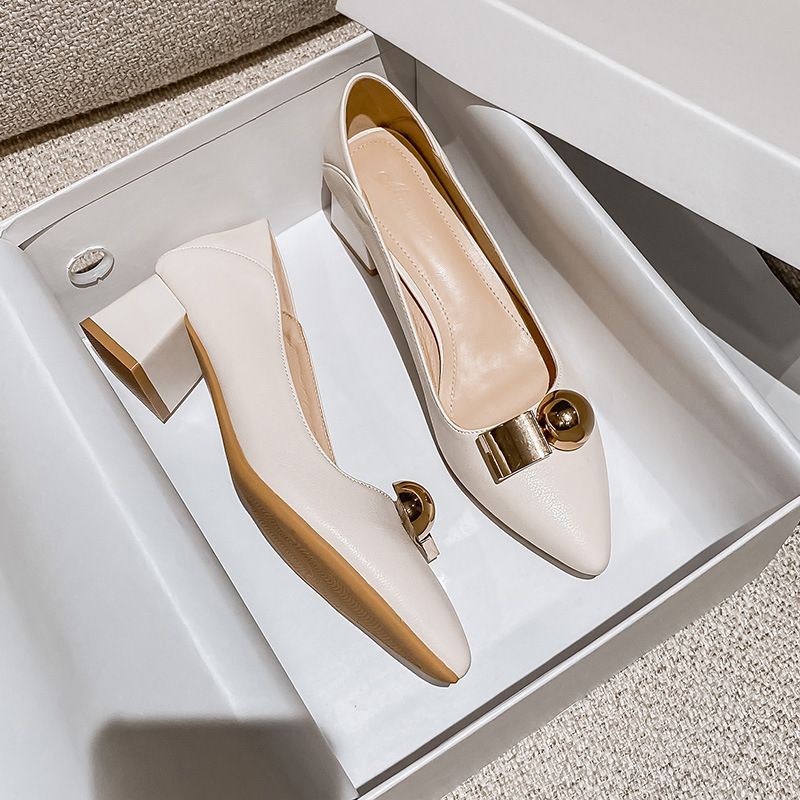 Women's Shoes Chunky Heel Pumps - Pointed Toe Slip-On Dress Shoes With Metal Buckle Detail, Comfortable Mid Heel (3-6cm) For All Seasons, Sizes 34-42_vogvips.com
