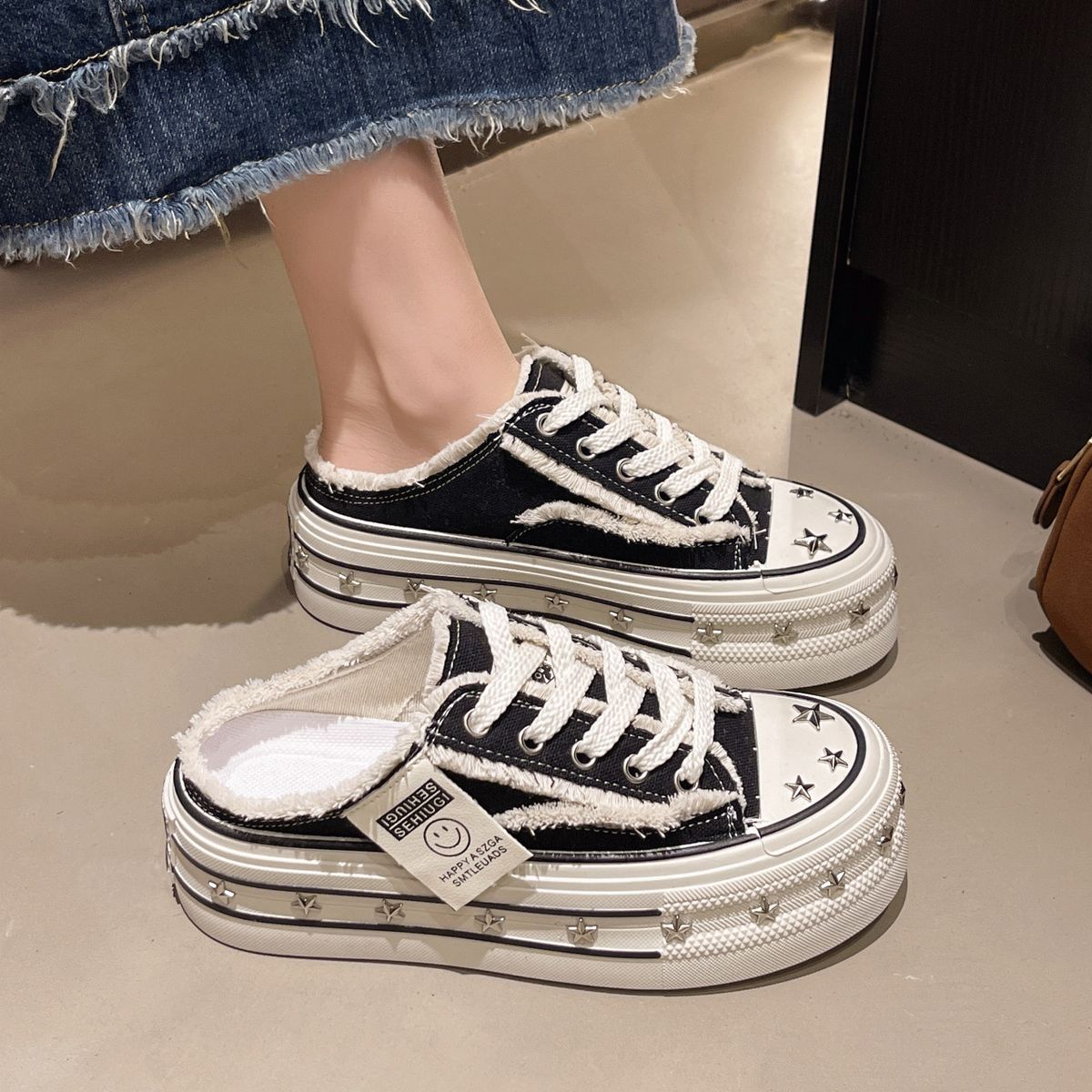 Unisex Canvas Slip-On Shoes Summer Outdoor Wear Casual Style Flat Bottom No-Back Loafers Korean Version Thick Heel_vogvips.com