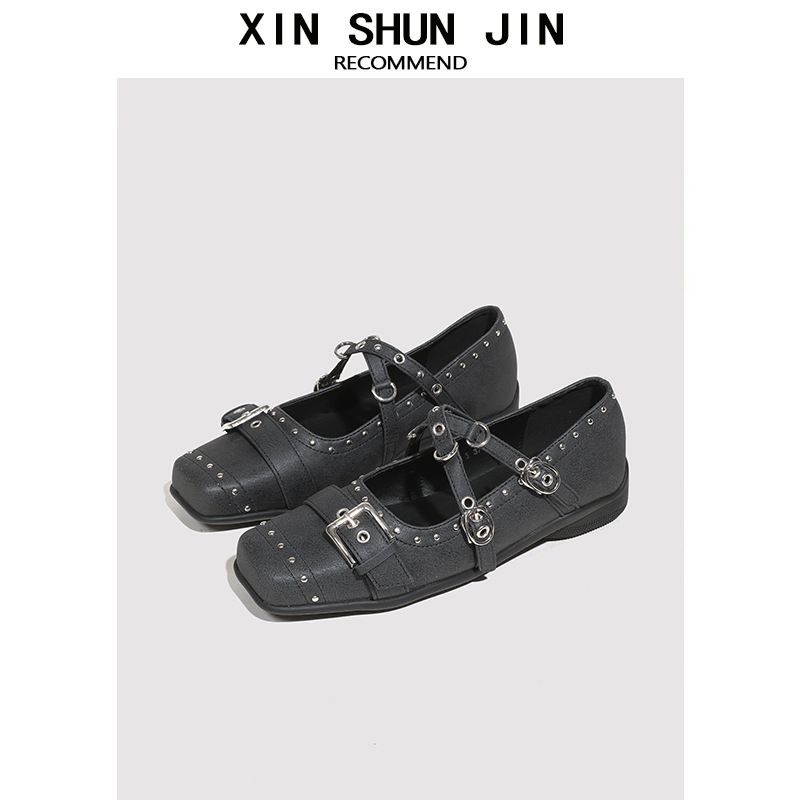 Retro British Style Square Toe Buckle Mary Jane Mid Calf Shoes Low Cut With Back Zipper Spring New_vogvips.com