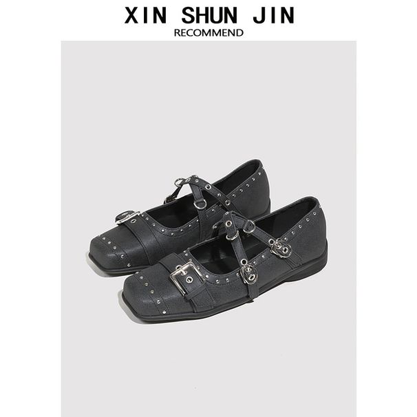 Retro British Style Square Toe Buckle Mary Jane Mid Calf Shoes Low Cut With Back Zipper Spring New_vogvips.com